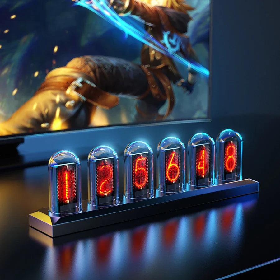 RGB Nixie Tube Desk Clock 1.14-inch IPS Color Screen — Smart WiFi USB-C LED Tube Night Light, Digital Alarm, Photo Album & Weather