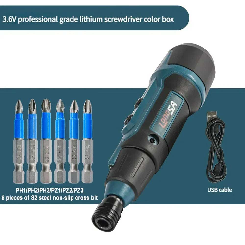 3.6V Mini Cordless Electric Screwdriver — Torque Adjustable Straight Handle, 6.35mm (1/4") Hex Chuck, 1300mAh Lithium Battery