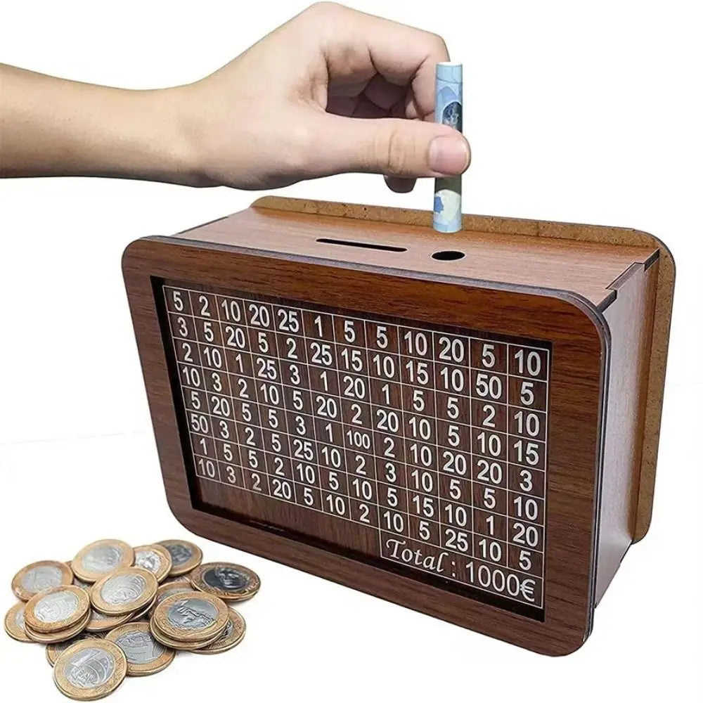Wooden Piggy Bank Money Box – Reusable Cash Vault for Kids, Euro Savings Challenge (1,000 / 3,000 / 5,000 / 10,000 €)