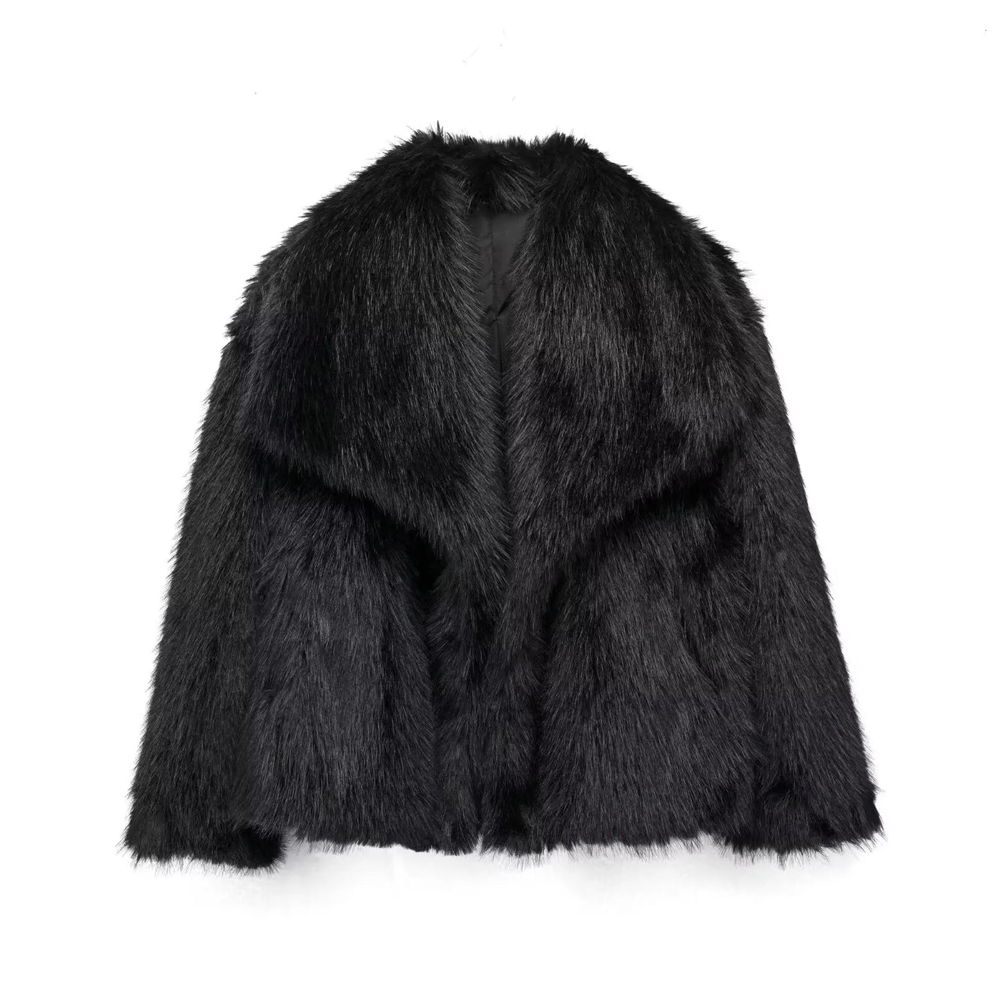 Cropped Faux Fur Jacket for Women – Long Sleeve Snap-Button Lapel Collar Thick Winter Coat