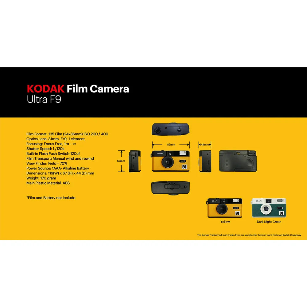 Reusable 35mm Film Camera — Classic Travel Point-and-Shoot with Built-In Flash, Yellow or Night Green