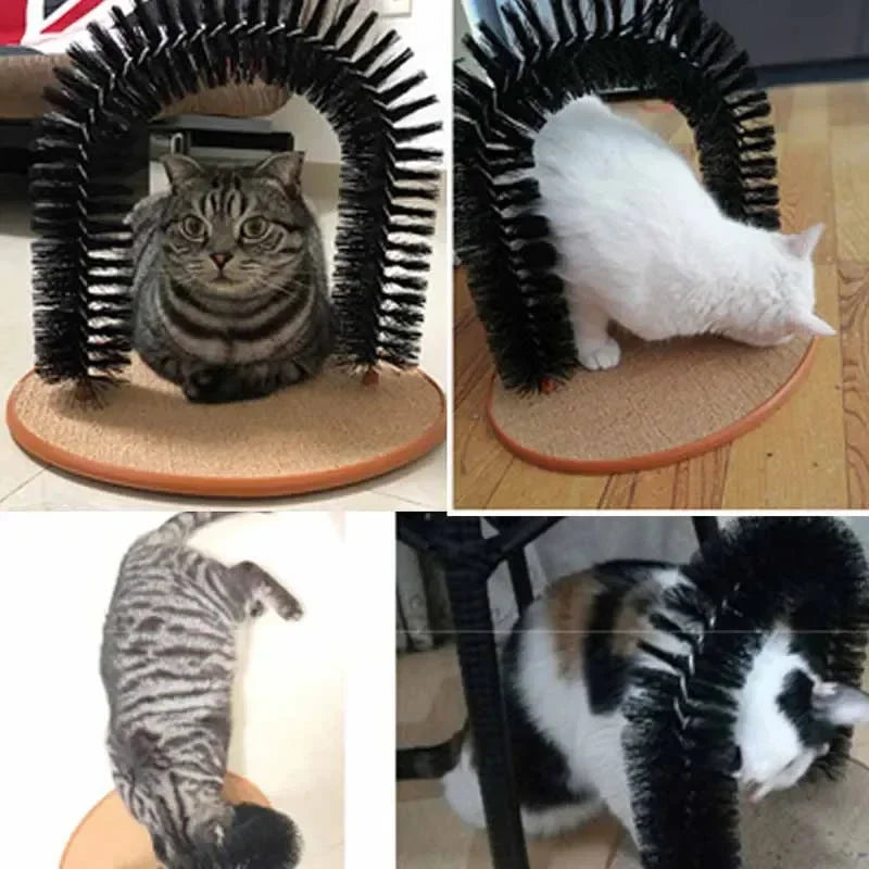 Self-Grooming Cat Arch with Massage Brush and Scratching Pad, Interactive Cat Toy