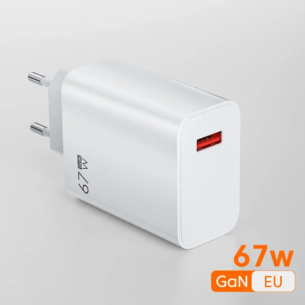67W GaN USB-C Fast Charger with EU/US/UK Plugs & 10A Type-C Cable, Fast PD Charging for iPhone Samsung Xiaomi Huawei