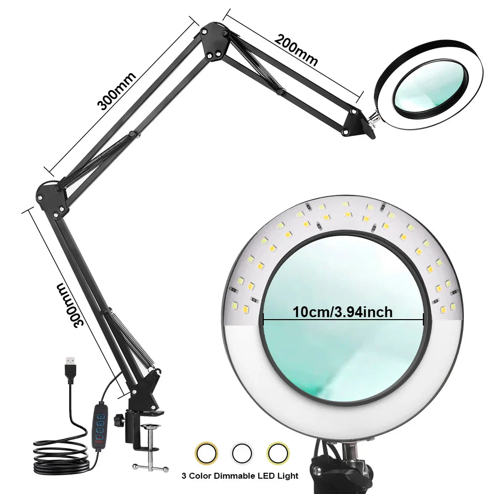 Triple-Fold Magnifier 8x/10x Illuminated USB Magnifying Glass with 3-Color LED for Soldering, Electronics Repair & Skincare