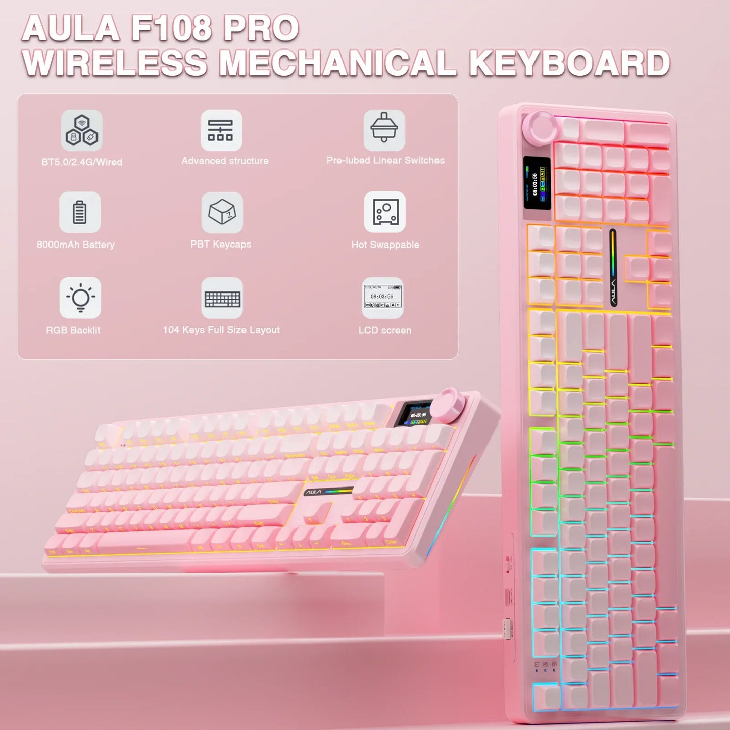 Wireless Bluetooth Mechanical Keyboard 108-Key — Gasket Mount, Hot-Swappable Full-Size with TFT Smart Display, RGB (USB-C, 2.4G, Bluetooth)