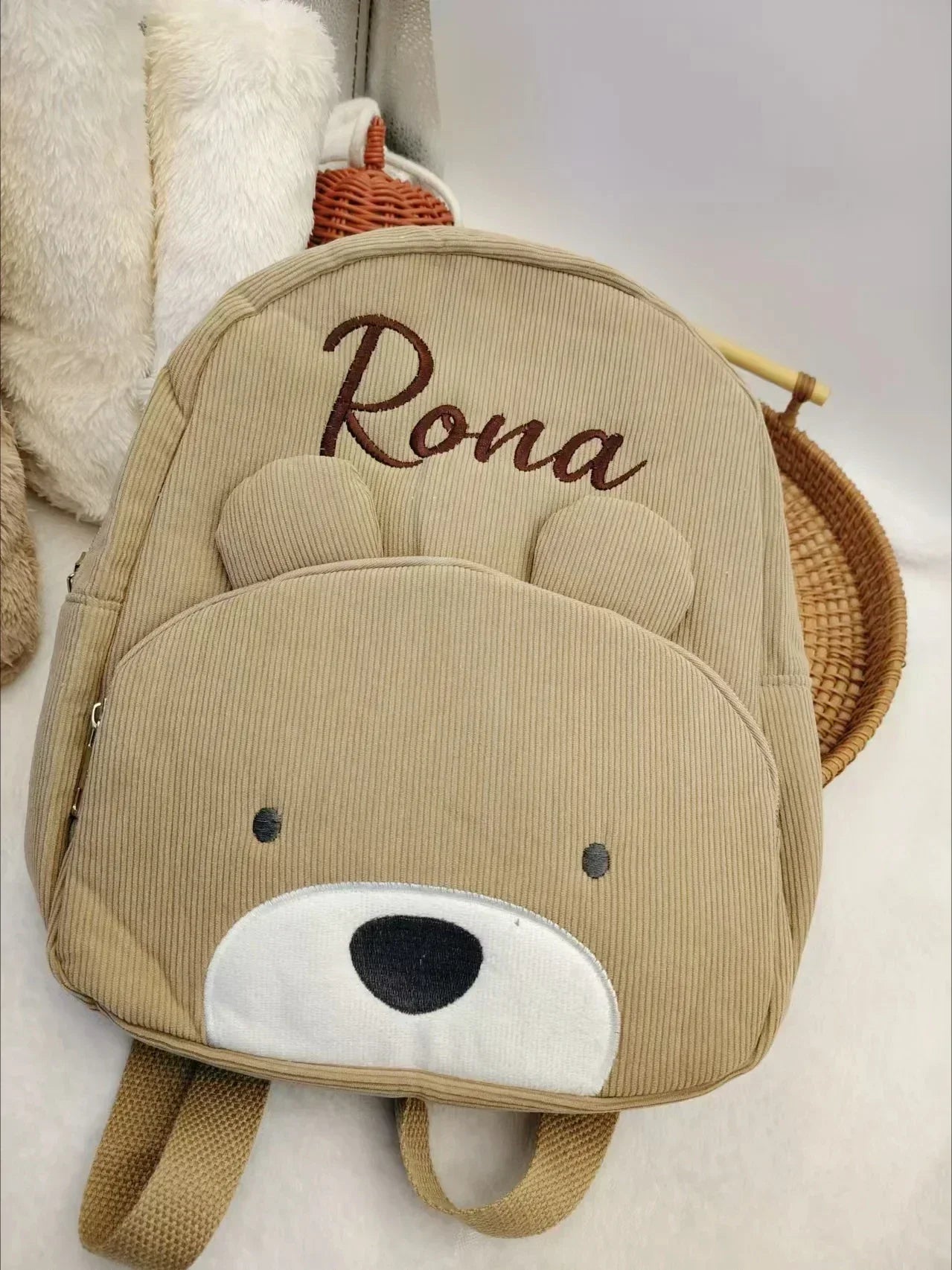 Personalized Toddler Backpack – Cartoon Bear Corduroy Plush with Embroidered Name, Large Capacity Kids Bag