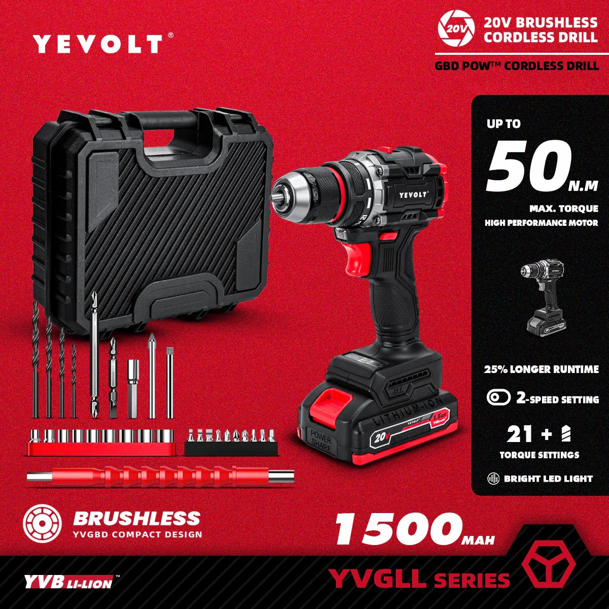 20V Brushless Cordless Drill Driver, Compact 21+1 Torque Keyless 3/8\" (0.8–10mm) Handheld Screwdriver with LED