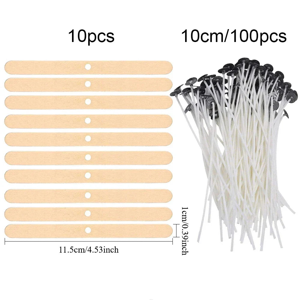Pre-Waxed Cotton Candle Wicks 100-Pack (2.6–20 cm / 1.0–7.9 in) with Metal Bases, Adhesive Stickers & Holders — DIY Candle Making Kit