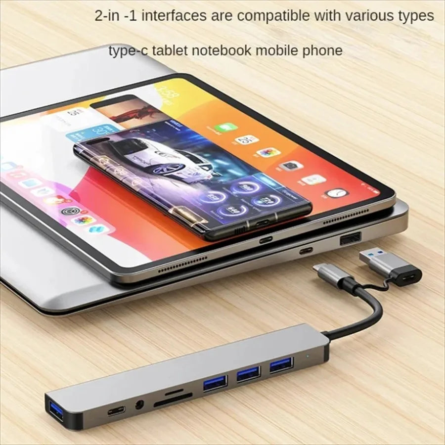8-in-2 USB-C Hub Docking Station with Micro SD/TF Card Reader, 3.5mm Audio & USB 3.0/2.0 Ports