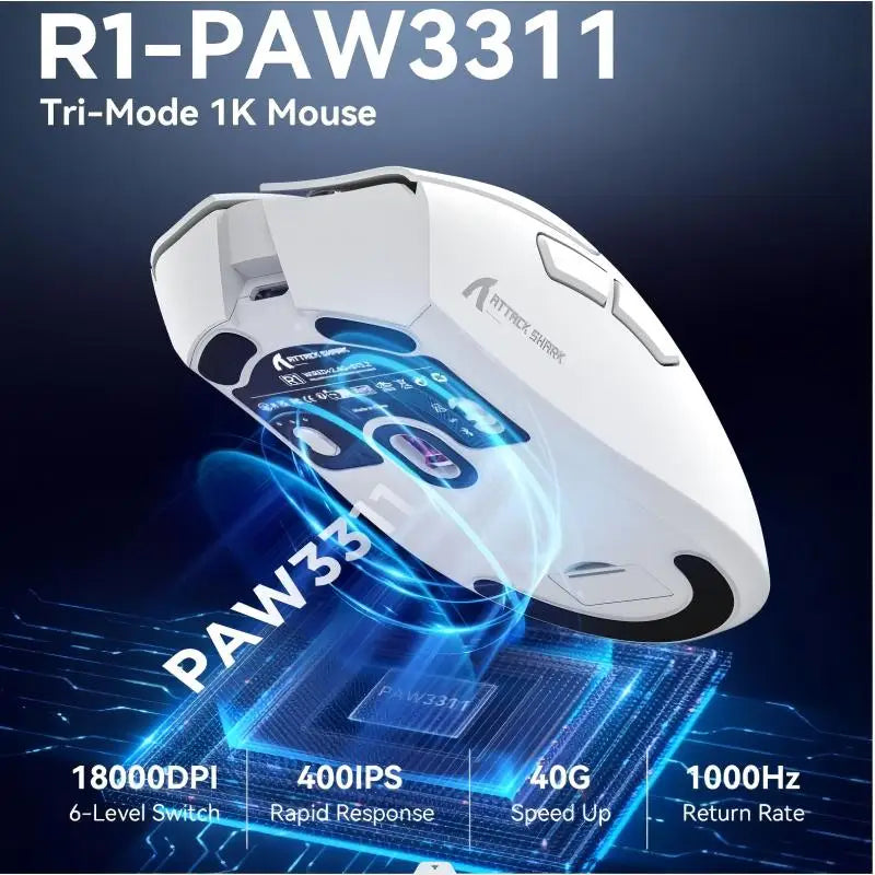 Wireless Gaming Mouse 18000 DPI — 1000Hz Polling, Tri-Mode (Bluetooth/2.4GHz/Wired), Rechargeable 6-Button Macro Mouse