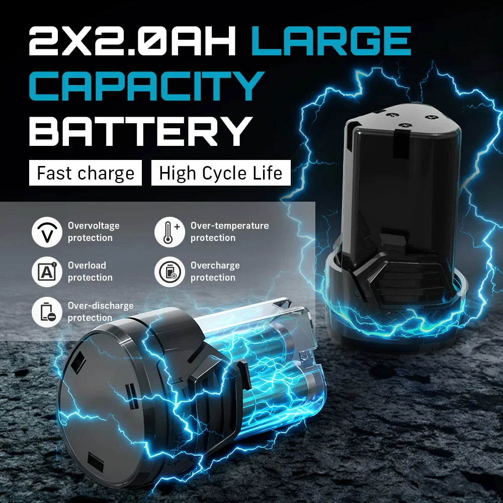 6 in (152 mm) Extended Cordless Electric Ratchet Wrench 3/8 in (9.5 mm) Drive 12V 55 Nm Variable Speed LED with 2×2000mAh Batteries