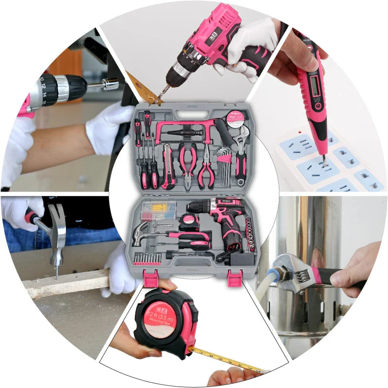 Pink Cordless Electric Screwdriver & Home Repair Tool Kit - Complete Set with Drill Bits, Hammer & Carry Case