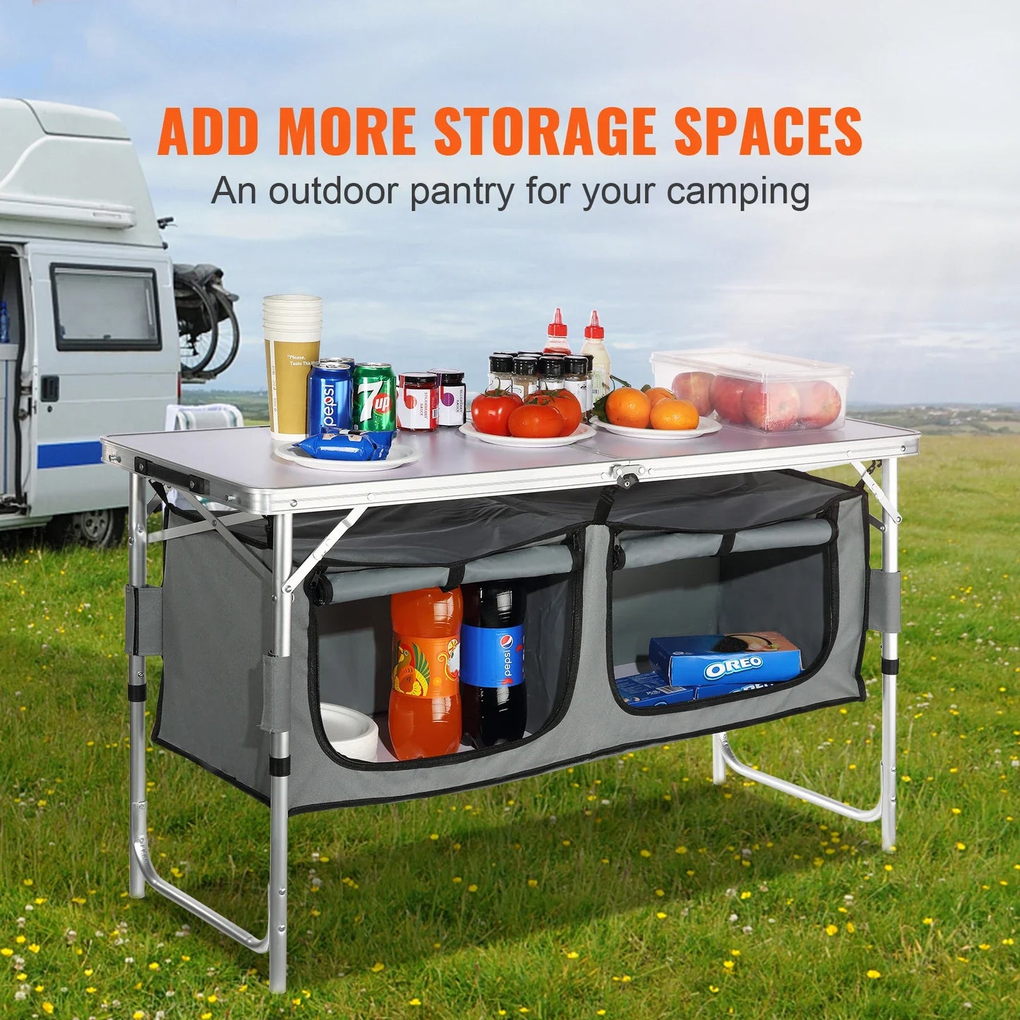 Portable Folding Camping Kitchen Table with Storage Bag – Aluminum Picnic Cook Station, Adjustable Height 21.45 / 24.4 / 27.56 in (54.5 / 62 / 70 cm)