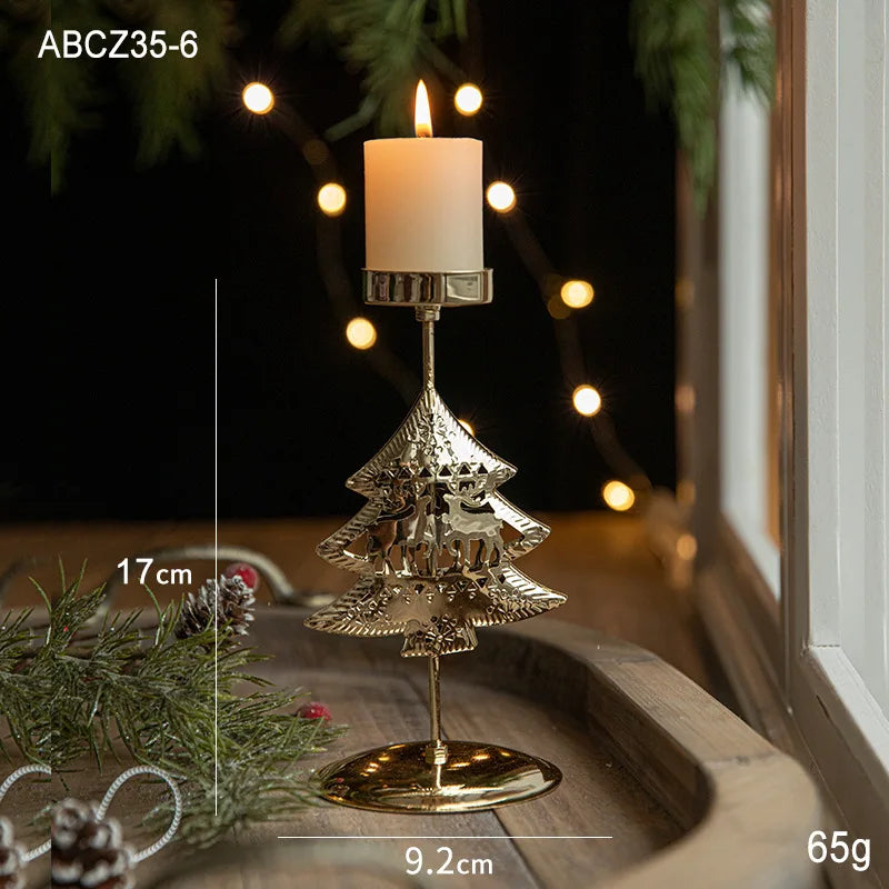 Golden Wrought Iron Christmas Candle Holder - Star, Elk & Tree Holiday Centerpiece for Table Decor
