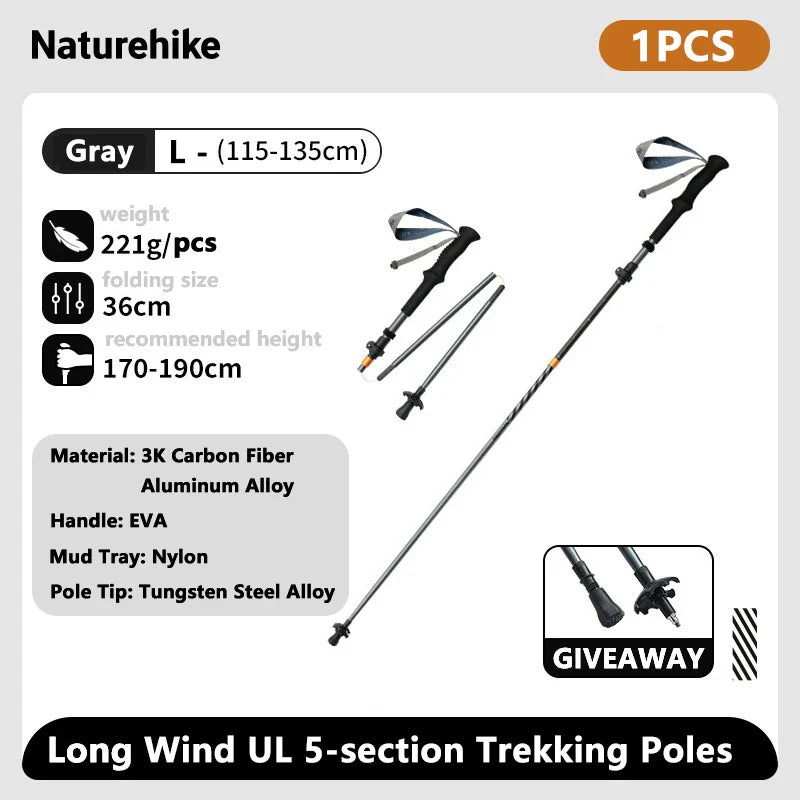 Ultralight Carbon Fiber 5-Section Folding Trekking Poles, Collapsible Quick-Lock Hiking Poles Adjustable 103–120 cm (40.6–47.2 in) or 115–135 cm (45.3–53.2 in)