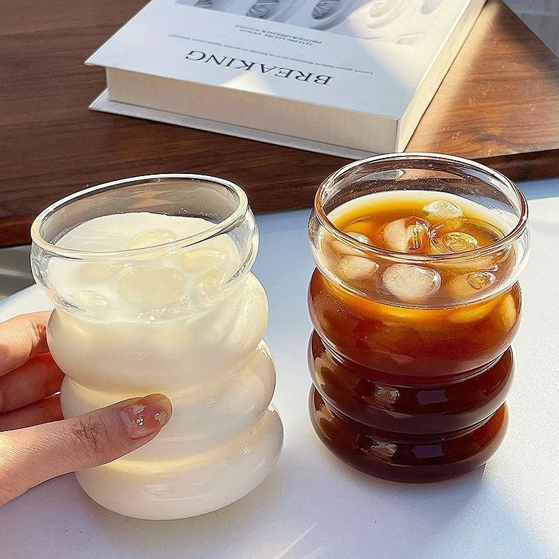 Wave Ripple Glass Tumbler - Transparent Iced Coffee & Milk Tea Cup, 280 ml (9.5 fl oz) & 530 ml (18 fl oz)