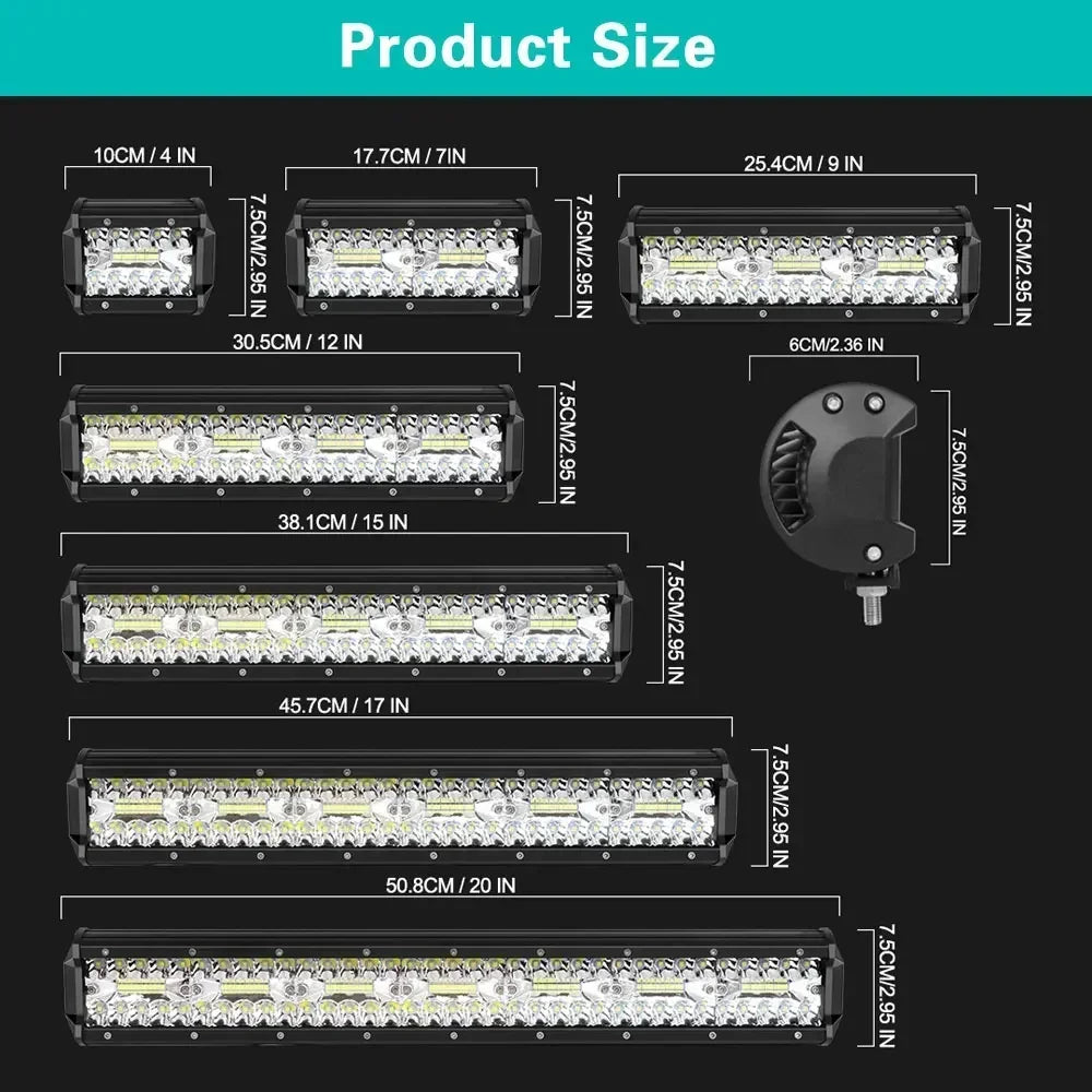 LED Light Bar 4/7/12/15/17/20 in (102/178/305/381/432/508 mm) 60–500W 10–32V IP67 Waterproof Flood/Spot Driving Off-Road Truck ATV SUV Boat
