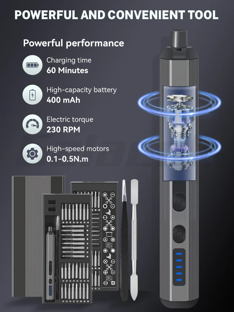 68-in-1 Precision Electric Screwdriver Set – 5-Torque Adjustable LED Light Mobile Phone & iPad Repair Kit