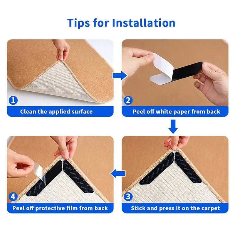 Non-Slip Rug Corner Pads - Reusable Washable PU Carpet Grippers Anti-Curling Adhesive for Rugs & Mats