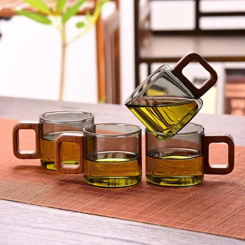 2/4/6-Pack Heat-Resistant Borosilicate Glass Tea & Espresso Cups with Walnut Handle, 120 ml (4 fl oz)