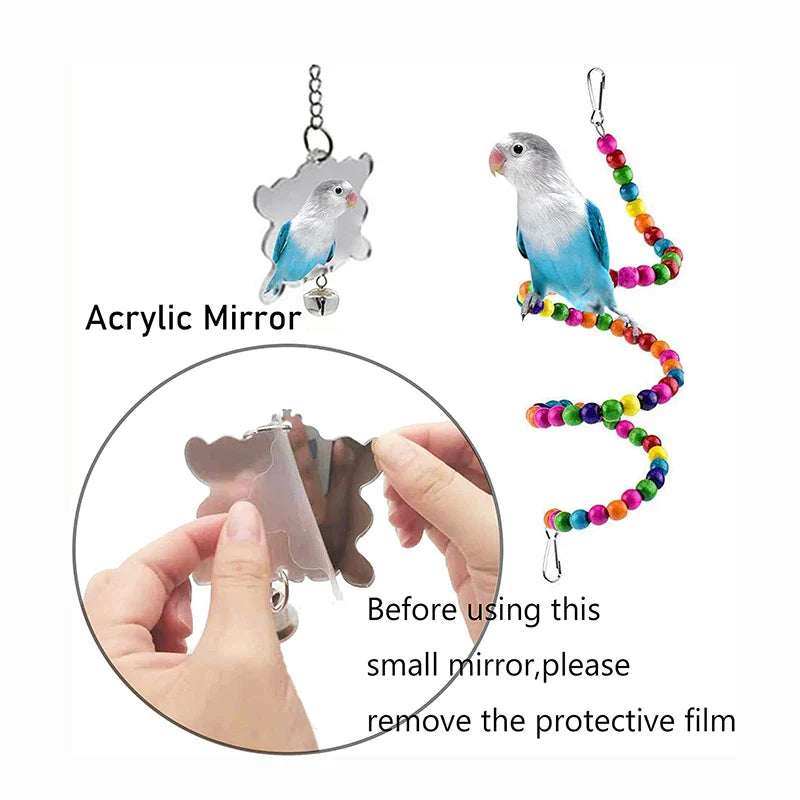 7-Piece Wooden Bird Cage Toys Set — Swing, Ladder, Chew Toys, Bridge & Bells for Parakeets & Small Parrots