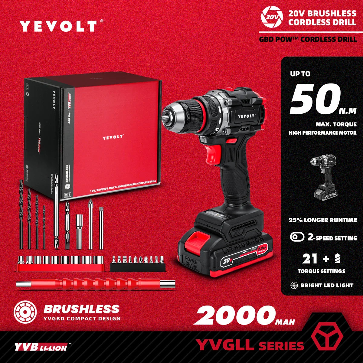 20V Brushless Cordless Drill Driver, Compact 21+1 Torque Keyless 3/8\" (0.8–10mm) Handheld Screwdriver with LED