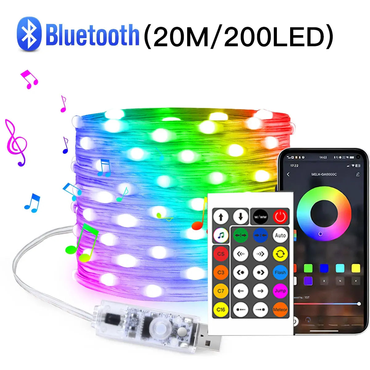 20M (65ft) USB Addressable RGBIC LED String Lights - Bluetooth App & IR Remote, 5V Waterproof Fairy Lights for Party & Christmas
