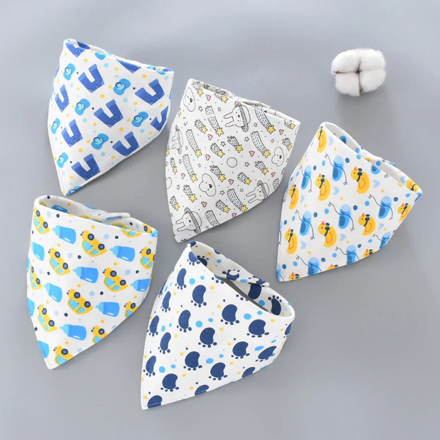 5-Pack Cotton Bandana Bibs – Waterproof Absorbent Baby Triangle Scarves, Cartoon Unisex Bibs