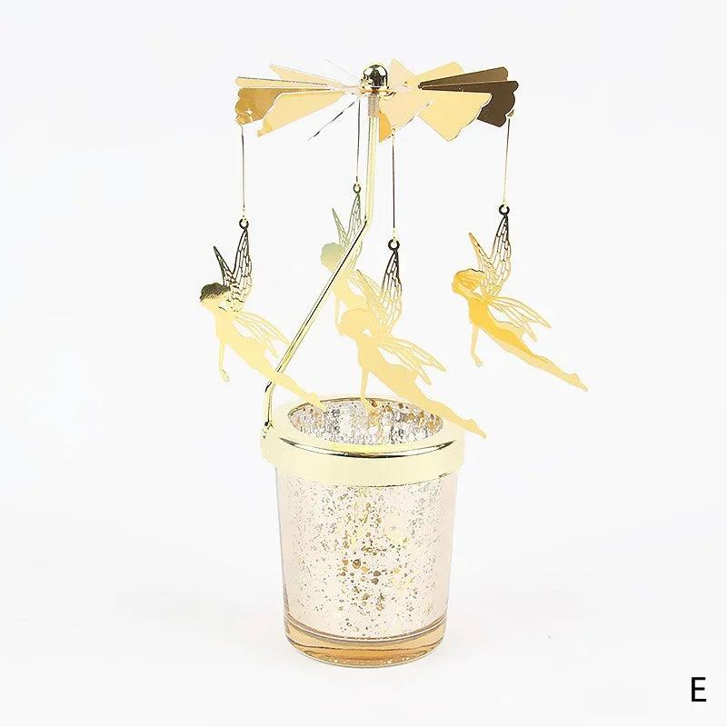 Rotating Tea Light Candle Holder Carousel Stand 6.7x3.1in (17x8cm) Metal Spinning Candlestick Gold Silver Home Party Christmas Decor Gift