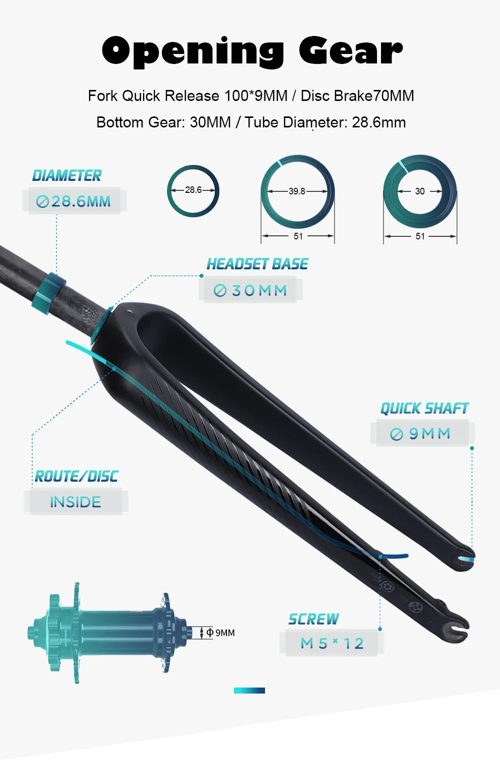 Carbon Fiber Road & Gravel Bike Front Fork - Quick Release, 28.6mm Steerer, Fits 700C Tires up to 55C