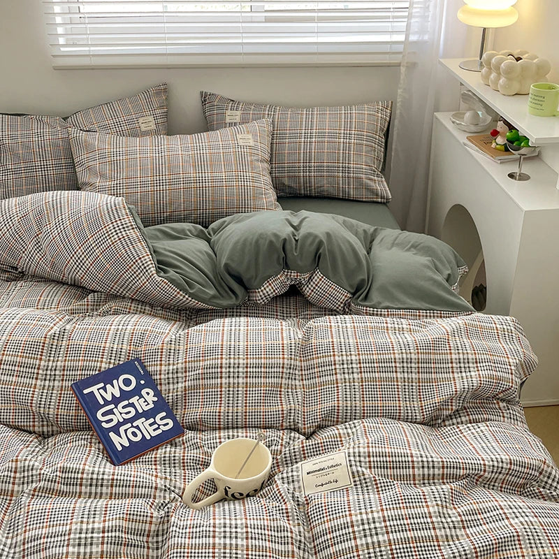 Nordic Plaid Washed Cotton Bedding Set - Duvet Cover + Pillowcases & Flat Sheet - Twin/Full/Queen/King