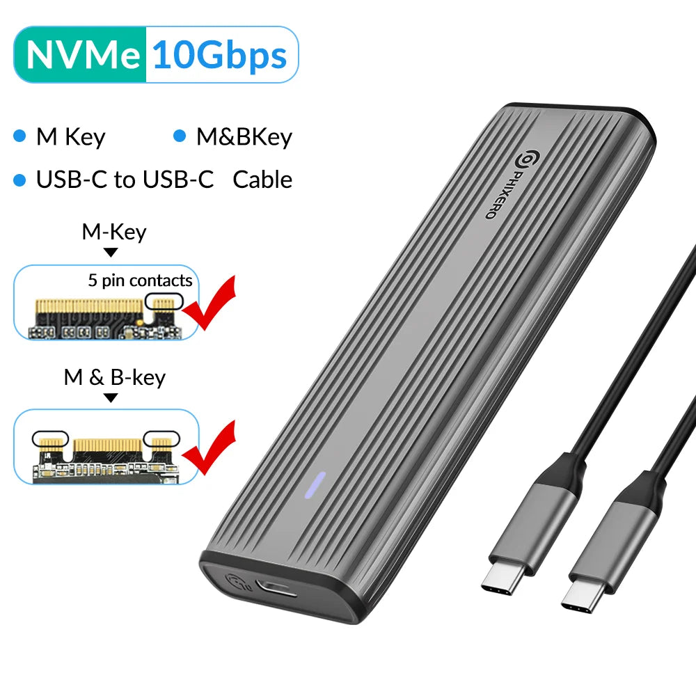 M.2 NVMe & SATA SSD Enclosure USB-C 10Gbps (USB 3.1 Gen2) Tool-Free Aluminum Case — Supports 2230/2242/2260/2280