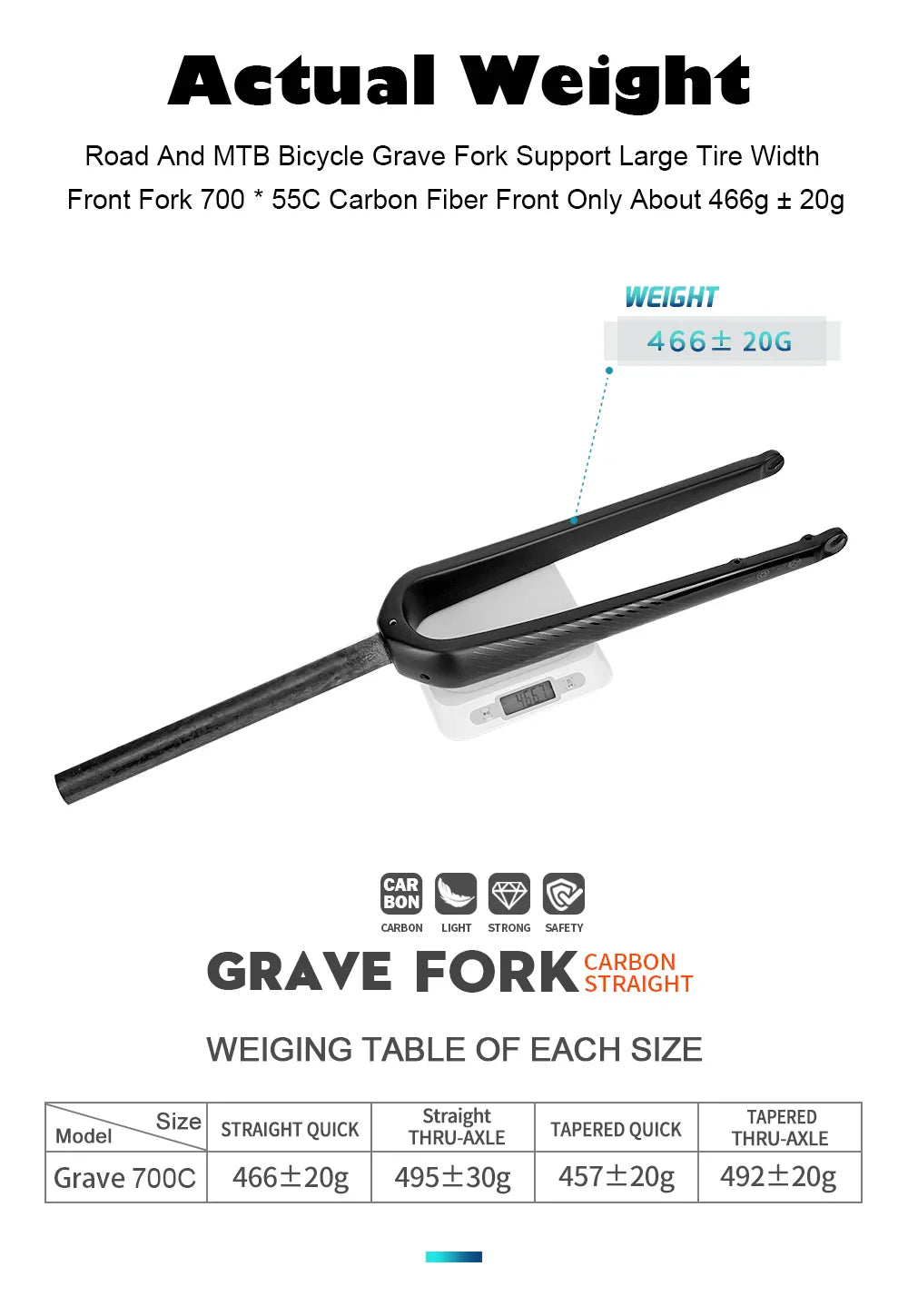 Carbon Fiber Road & Gravel Bike Front Fork - Quick Release, 28.6mm Steerer, Fits 700C Tires up to 55C