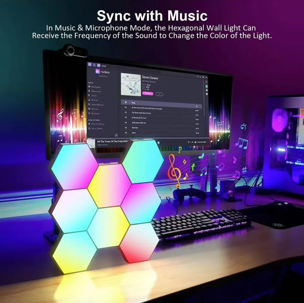 RGB Hexagonal Smart Wall Lamp – DIY Color-Changing Ambient Night Light with Music Sync & App Control for Game Room and Bedroom