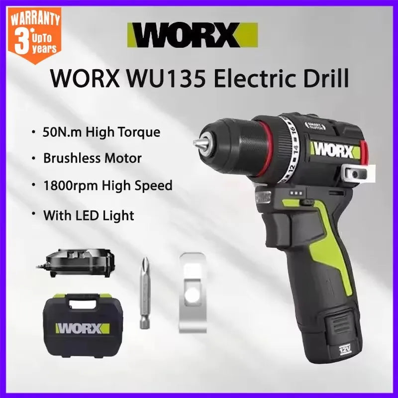Cordless 12V Brushless Electric Drill 50 Nm (37 ft-lb) 1800 RPM Smart Clutch for Home DIY & Metalworking