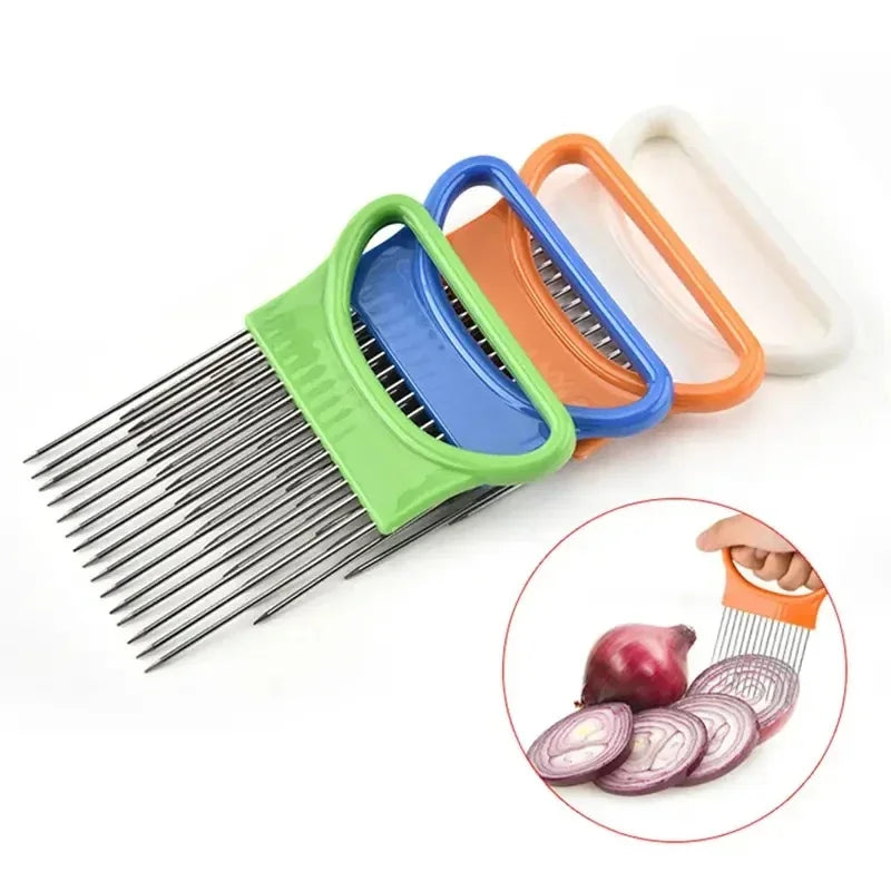 Colorful Onion Slicer with Stainless Steel Holder – Easy Vegetable & Potato Chopper