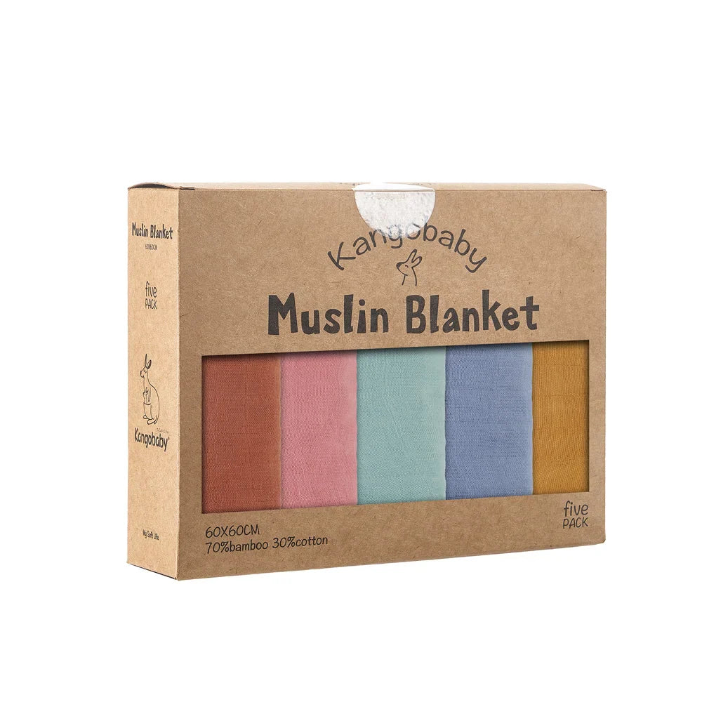 5-Pack Bamboo Cotton Muslin Baby Blankets & Burp Cloths 60 x 60 cm (23.6 x 23.6 in) Soft Breathable Multi-Functional