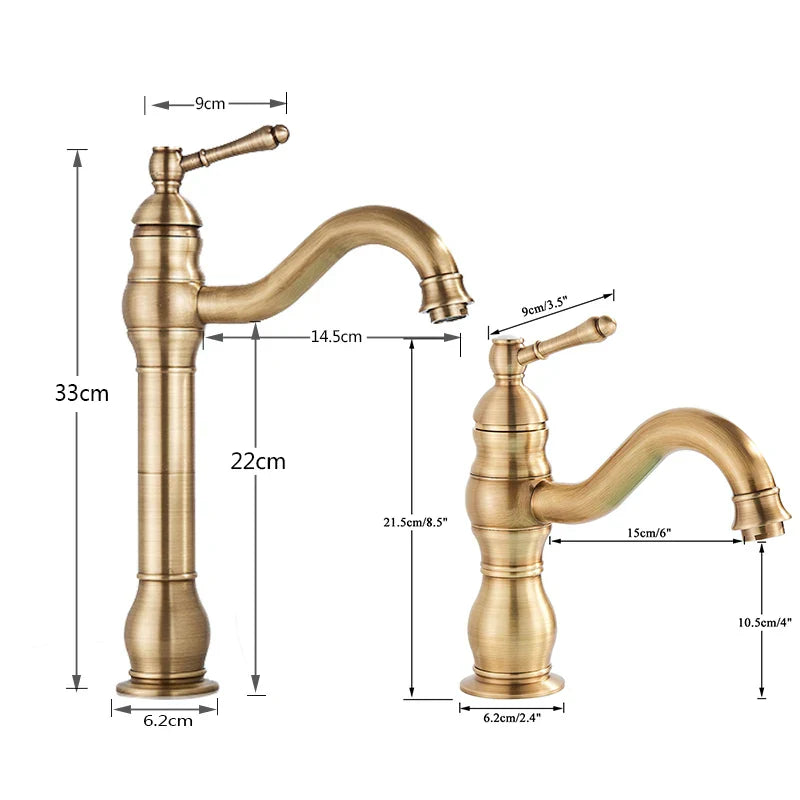 Antique Brass Vessel Sink Faucet Deck-Mounted Single Hole Hot & Cold Mixer Tap for Bathroom