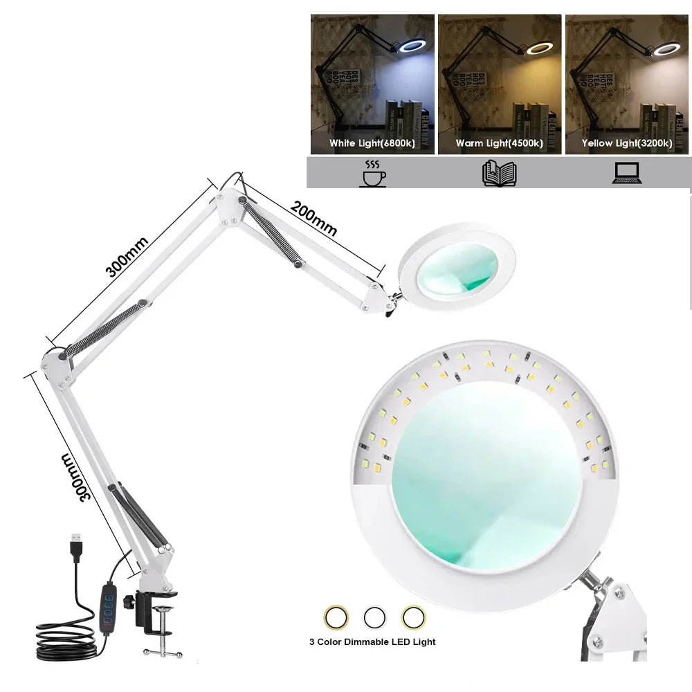 72-LED 8X/10X USB Illuminated Magnifying Glass Lamp - 4.2 in (106 mm) Lens, 3-Color Dimmable LED, Adjustable Arm & Clamp for Soldering, Crafts, Skincare