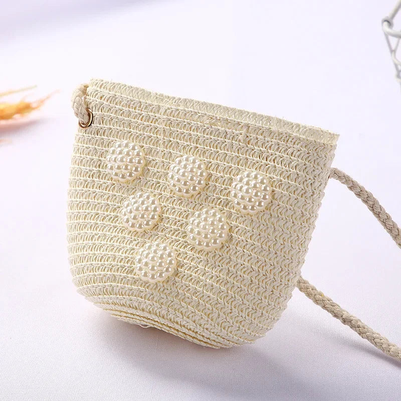 Girls Daisy Straw Mini Messenger Bag, Kids Shoulder Handbag with Coin Purse
