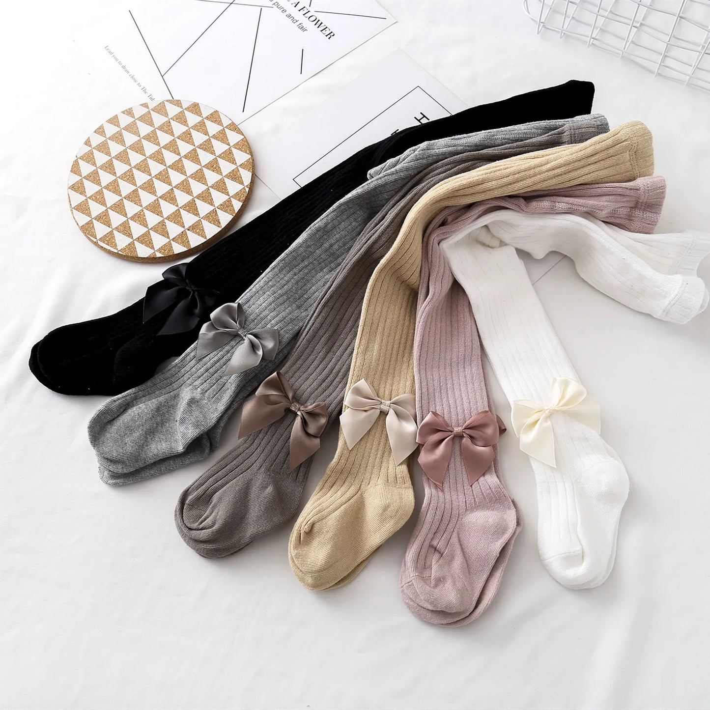 Baby Girls Cotton Mesh Tights with Bowknot - Infant & Toddler Pantyhose 0-4 Years