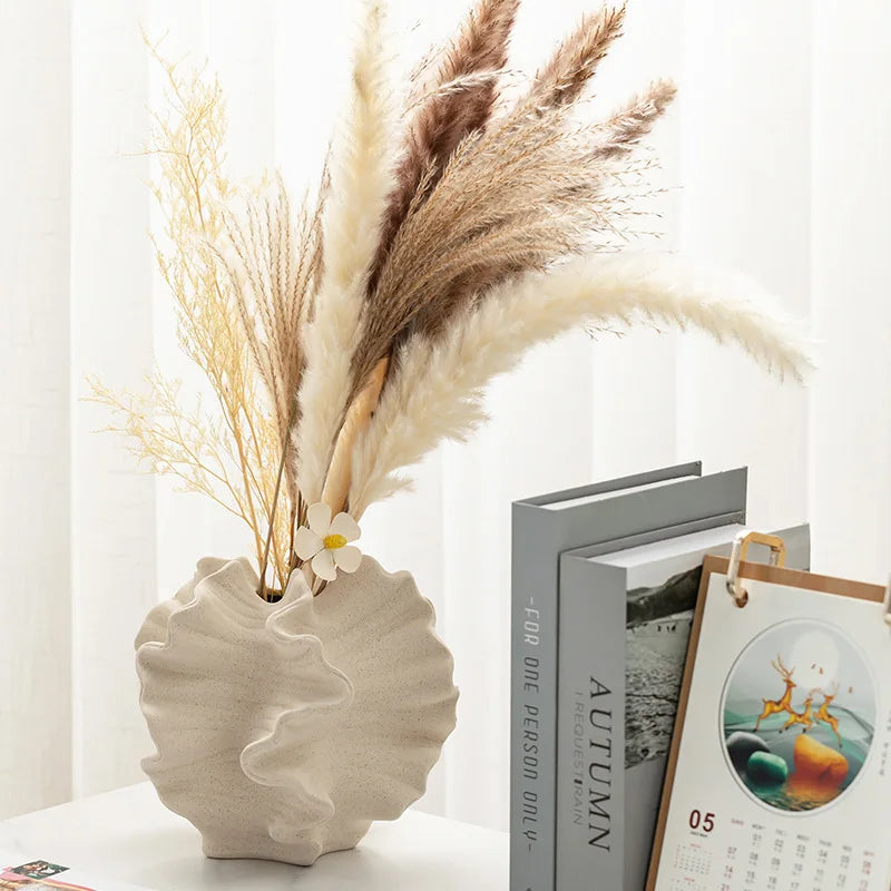 Porcelain Ceramic Vase with Geometric Wavy Petal Design — Tabletop Flower Vase for Home Decor