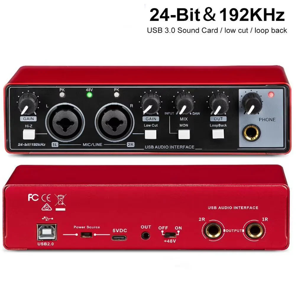 USB Audio Interface 48V Phantom Power 24-bit/192kHz — 2-in/2-out Portable Sound Card with Loopback & Zero-Latency Monitoring for Guitar and Vocal Recording