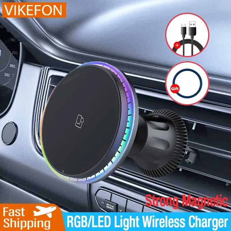 30W Magnetic Car Wireless Charger Vent Mount with RGB LED Light Fast MagSafe-Compatible Phone Holder