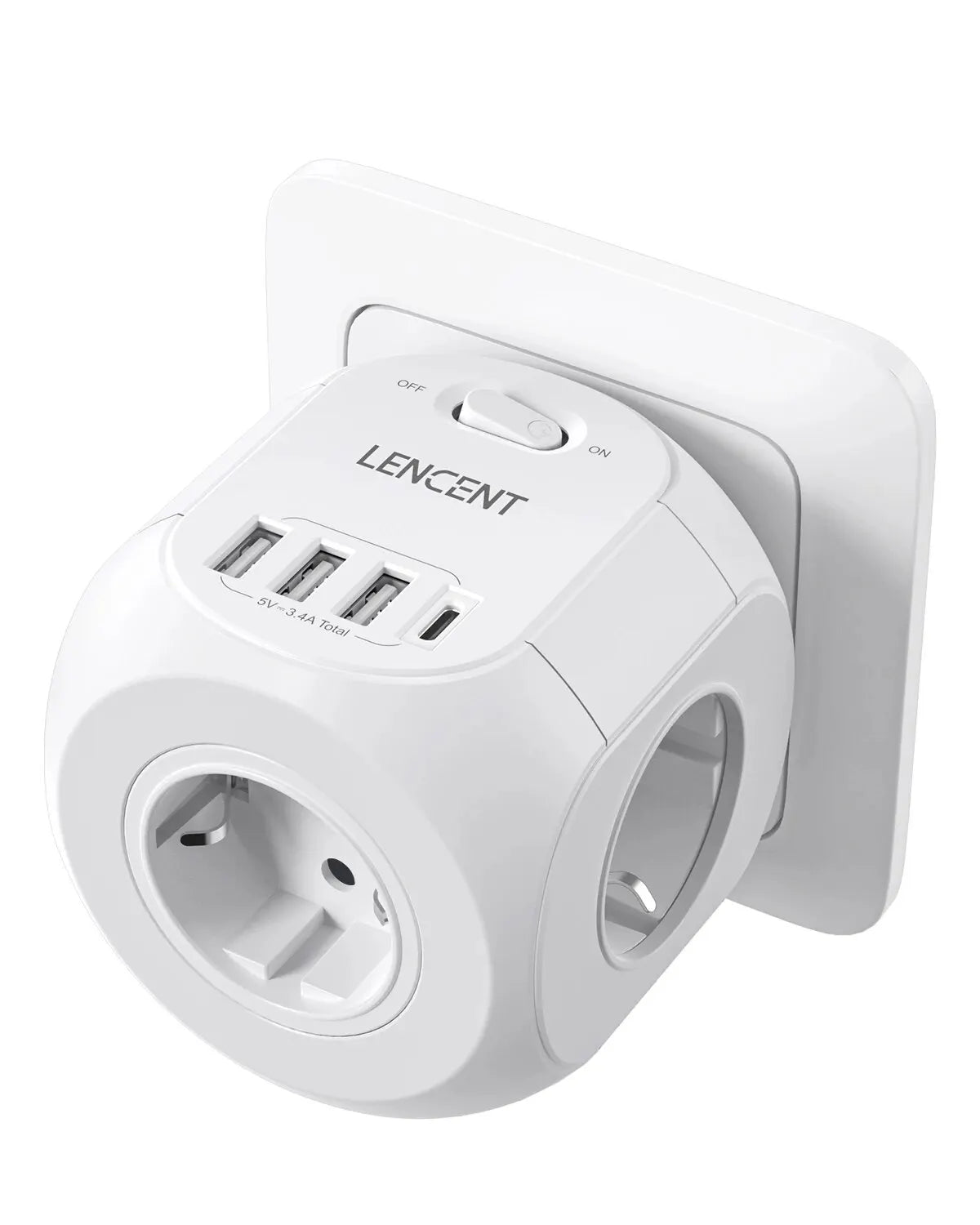 7-in-1 EU Wall Socket Extender - 3 AC Outlets, 3 USB-A & 1 USB-C with On/Off Switch