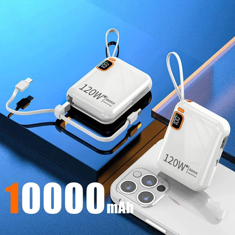 120W 50000mAh Portable Power Bank - Built-in Cables, LED Display & Flashlight, Two-Way Fast Charging for iPhone Samsung