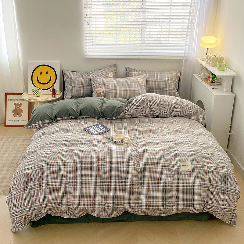 Nordic Plaid Washed Cotton Bedding Set - Duvet Cover + Pillowcases & Flat Sheet - Twin/Full/Queen/King