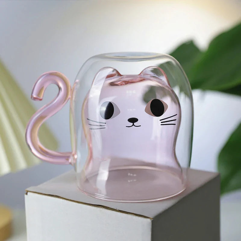 Cute Cat Double-Wall Insulated Glass Coffee Mug with Handle, Cartoon Couple Teacup for Home & Office