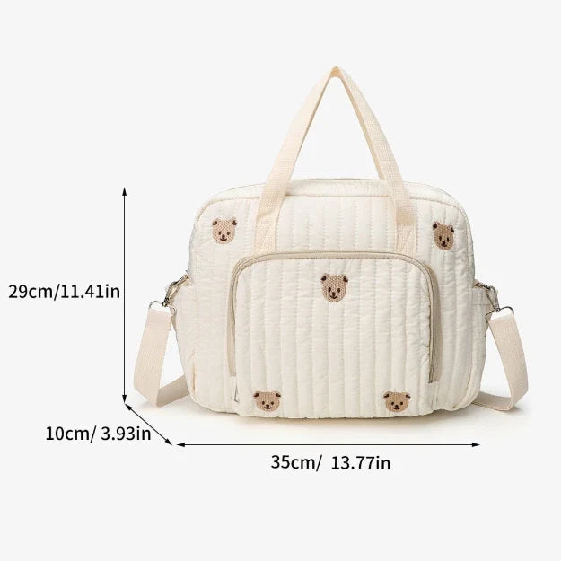 Bear Embroidery Diaper Bag - Beige Cotton Mommy Bag, 48 x 22 x 26 cm (18.9 x 8.7 x 10.2 in), Zippered Messenger Baby Bag