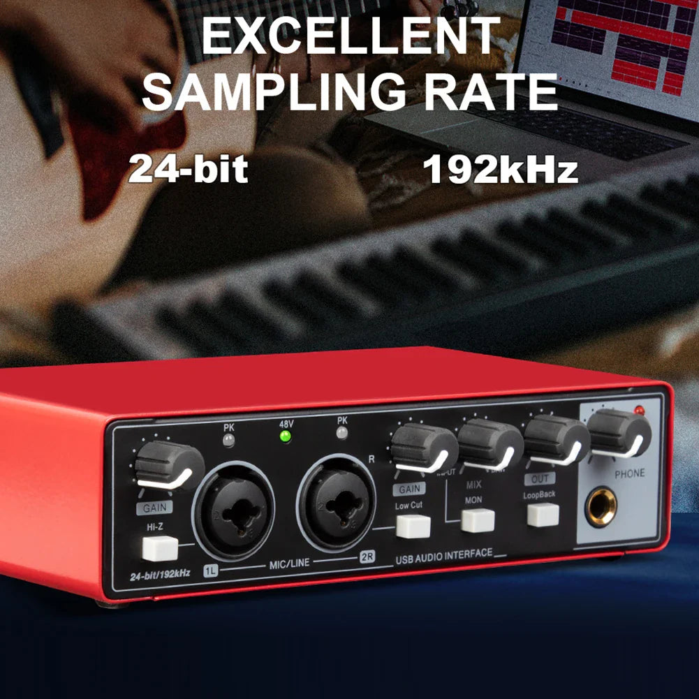 Portable 2-in-2-out USB Audio Interface 24-bit/192kHz with 48V Phantom Power, Loopback & Zero-Latency Monitoring for Guitar and Vocal Recording